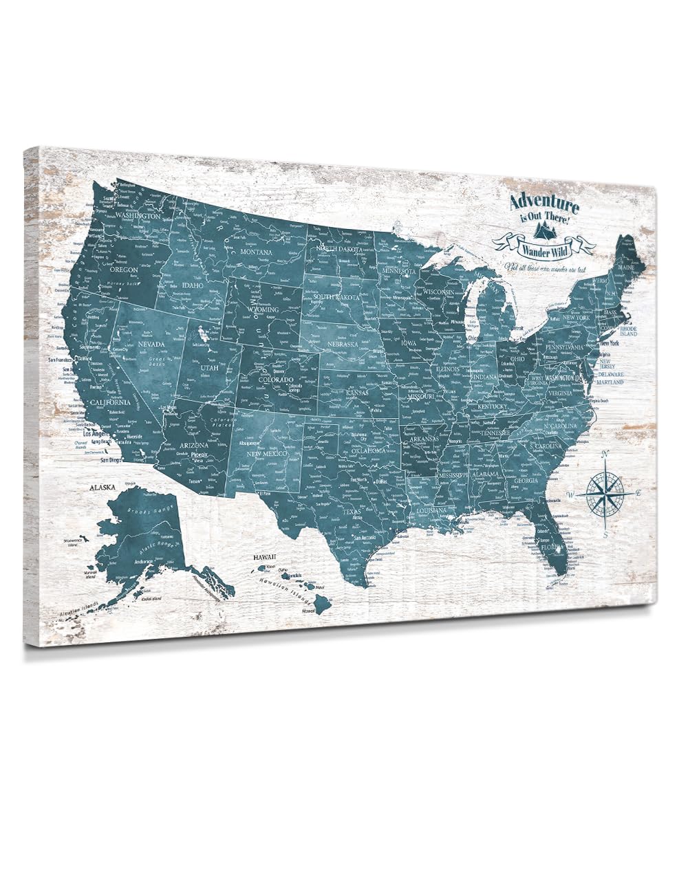 IPIC - Vintage Teal USA Map Wall Art, Push Pin USA Map to Track Your Travels, Farmhouse Style Canvas Wall Decor for Home, Office, Living Room or RV, Ready to Hang, Made in USA