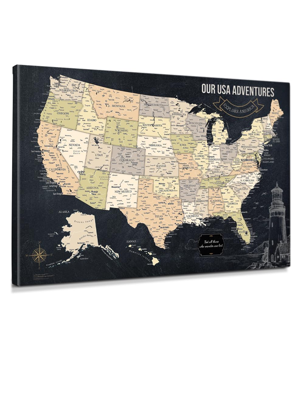 IPIC Canvas USA Map Painting for Wall Decor, Pinnable Amerika Travel Map Print, Ready to Hang