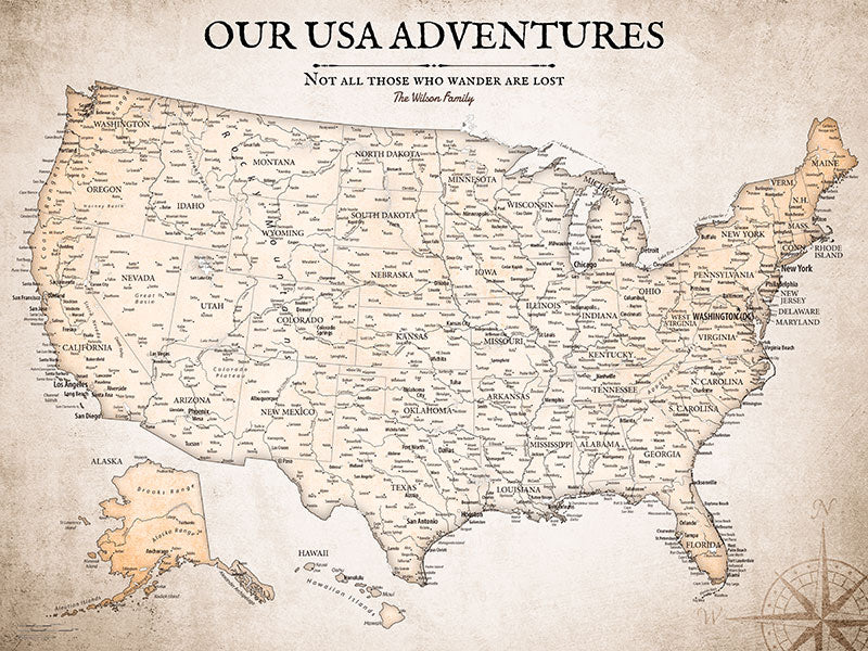 Oversized Personalized Push Pin Travel Map USA, Custom Names, Pin Board Canvas, Vintage US Decor, Optional Wood Frame, Giclee Print, Handcrafted in USA,
