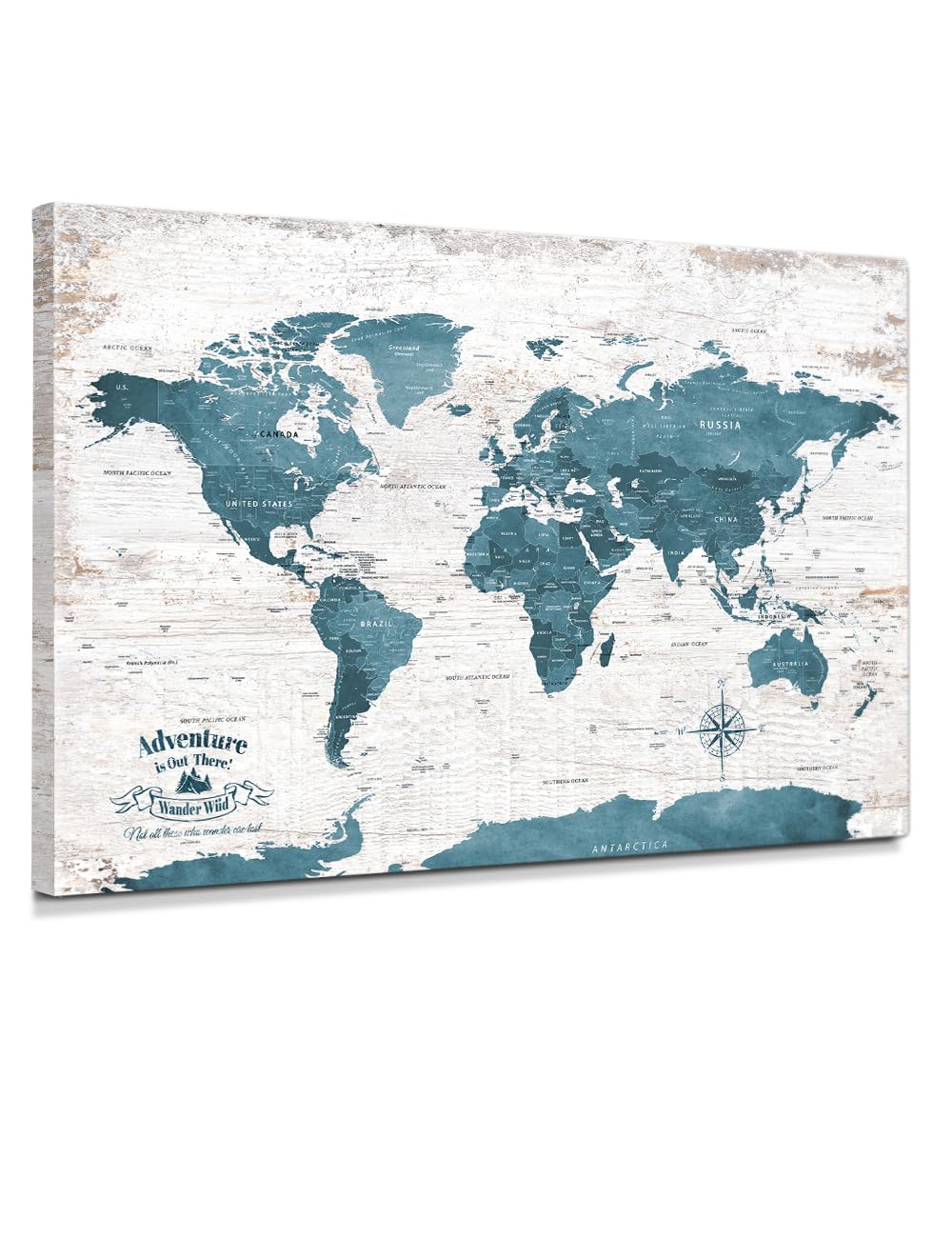IPIC - Vintage Teal World Map Canvas Wall Art, Push Pin World Map to Track Your Travels, Rustic Style Wall Decor for Home, Office, Living Room or RV, Ready to Hang, Made in USA