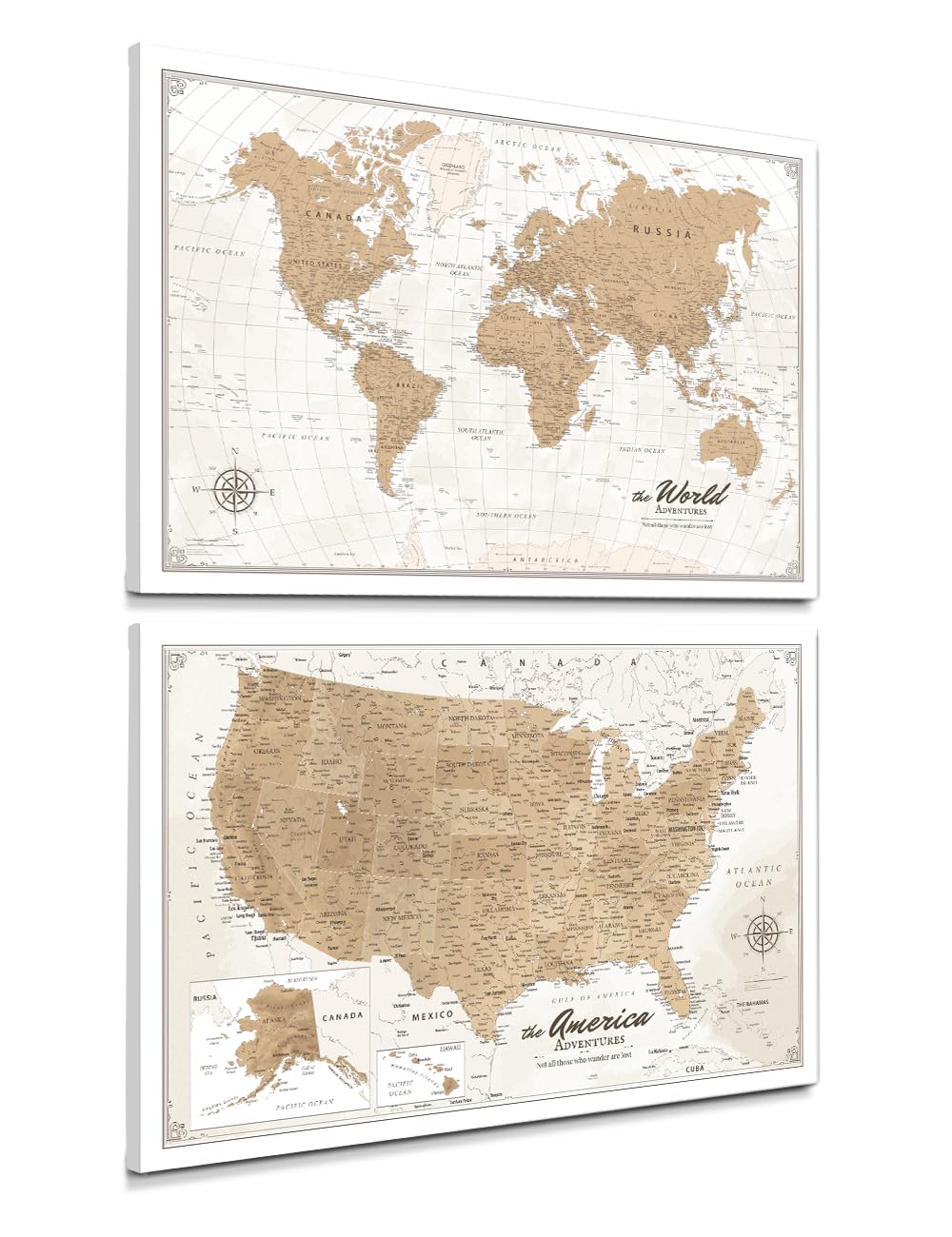IPIC - Vintage World Map & USA Map Canvas Wall Art Set of 2, Travel Art Prints for Office, Home, Study and RV, Push Pin Board Decor for Travel Lovers, Ready to Hang