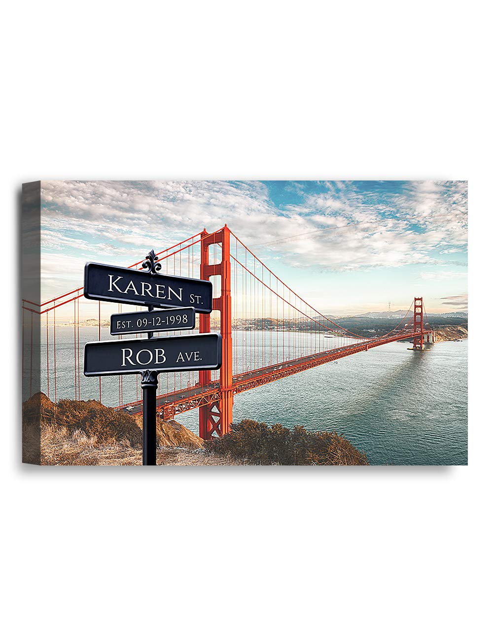 IPIC - Love Across America: Golden Gate View. Personalized Canvas Wall Art with Names and Date, Custom Gift for Anniversary and Birthday.