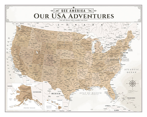Personalized Push Pin Travel Map USA, Custom Names, Pin Board Canvas Wall Art, Vintage US Decor, Optional Wood Frame, Giclee Print, Handcrafted in USA